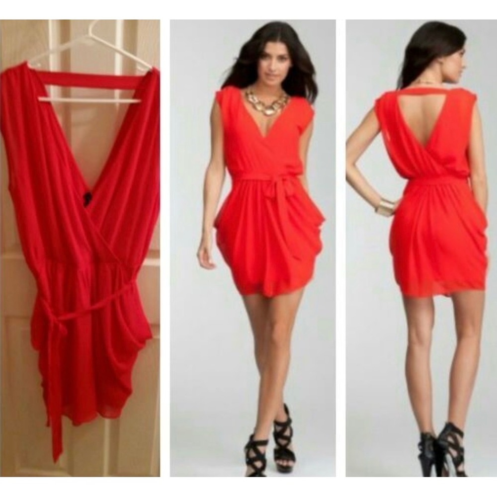 Bebe Red‎ Faux Wrap V Neck Cap Sleeve Belted Drape Mini Dress Size M